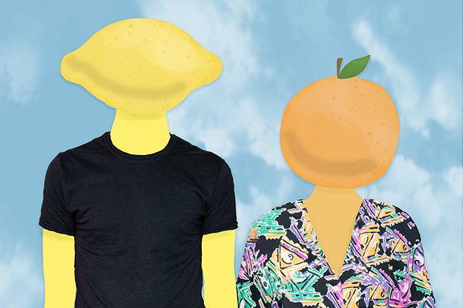 person with lemon head standing next to person with orange head
